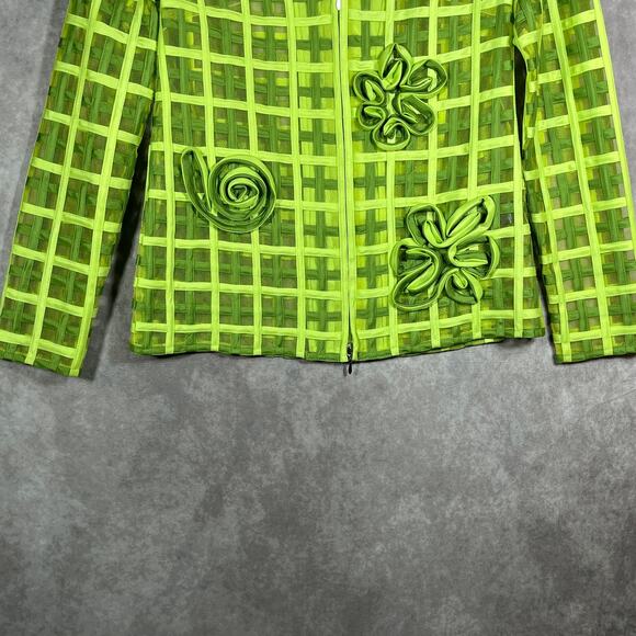 T&W Designs Blazer Jacket Womens M‎ Green Semi Sheer Floral Applique Art To Wear - Picture 3 of 9